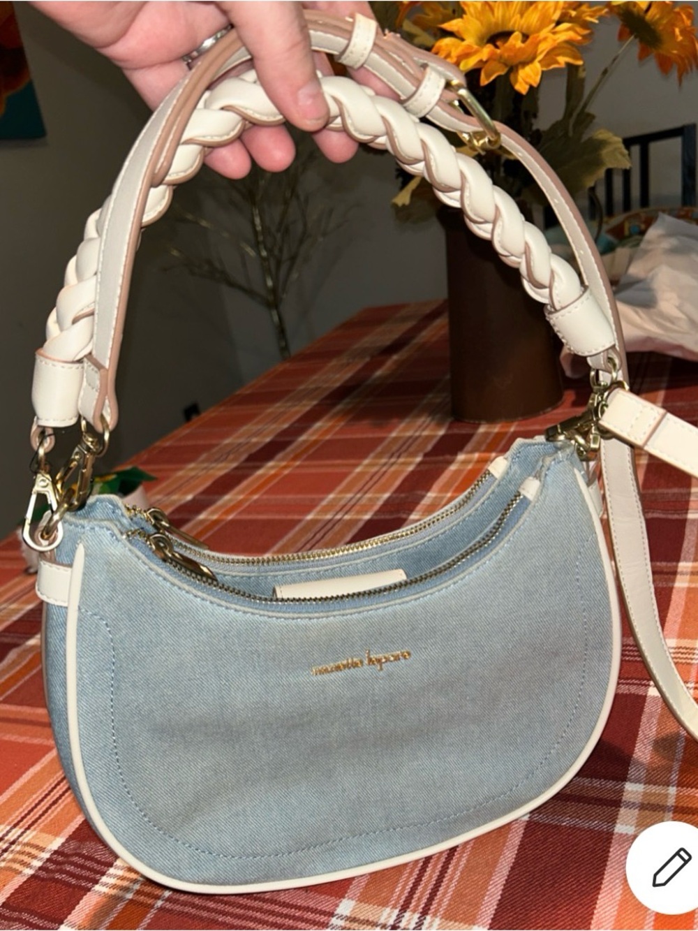 Nanette Lepore Light Blue Denim Crescent Shoulder Bag with Cream Trim
